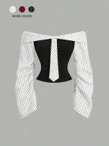 One Shoulder Long Sleeve Stripe Shirt GSRX-879