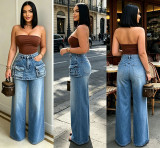 Fashion Multi-Pocket Faux Two-Piece Jeans GAKF-60515