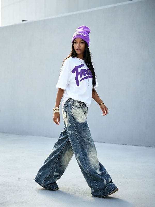 Plus Size Ink-Splatter Loose Straight Jeans GYLN-9079