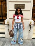 Plus Size Plaid Patchwork Embroidered Puppy Jeans GYLN-2956