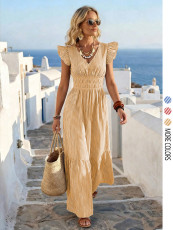 V Neck Stripe Short Sleeve Maxi Dress GSRX-873