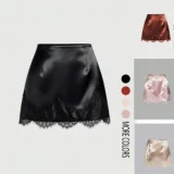 Satin Lace Edge Patchwork Mini Skirt GSRX-876