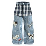 Plus Size Plaid Patchwork Embroidered Puppy Jeans GYLN-2956