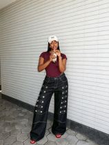 Plus Size Metal-Studded Washed Loose Jeans GYLN-0338