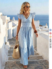 V Neck Stripe Short Sleeve Maxi Dress GSRX-873