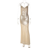 Mesh Patchwork Backless Sling Maxi Dress LJSF-D6521681X
