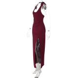 U Neck Tie Up Split Maxi Dress LJSF-D6421543X