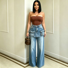 Fashion Multi-Pocket Faux Two-Piece Jeans GAKF-60515