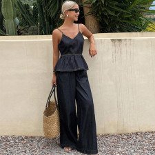 Fashion Denim Sling Two Piece Pants Set GDAM-218959