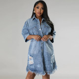 Hole Tassel Short Sleeve Denim Midi Dress GDAM-219006