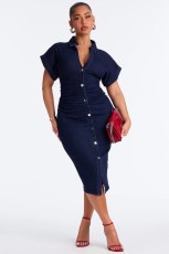 Fashion Denim Single Breasted Button Midi Dress LX-6082