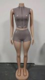 Deep V Neck Zipper Sleeveless PU Leather Short Suit GNJF-Y8005