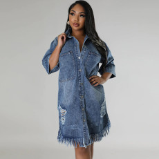 Hole Tassel Short Sleeve Denim Midi Dress GDAM-219006