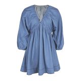 Deep V Neck Puff Sleeve Denim Mini Dress AIL-358