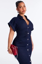 Fashion Denim Single Breasted Button Midi Dress LX-6082