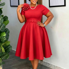 Plus Size Solid-Color Floral Decorations Midi Dress GATE-636
