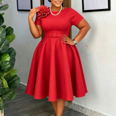 Plus Size Solid-Color Floral Decorations Midi Dress GATE-636