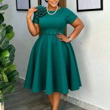 Plus Size Solid-Color Floral Decorations Midi Dress GATE-636