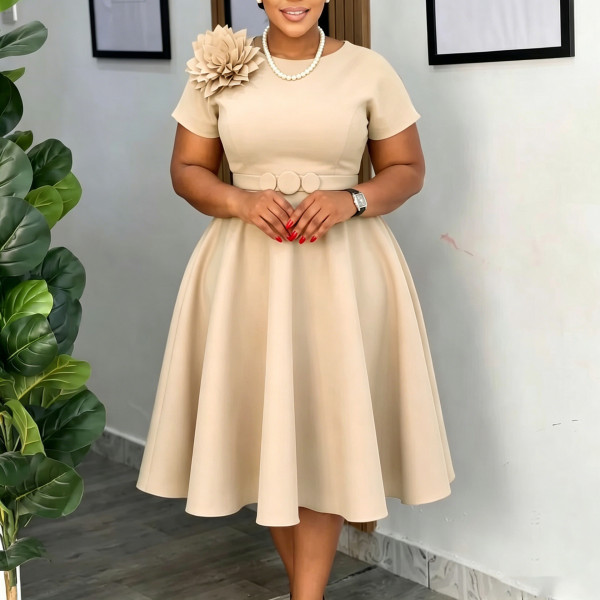 Plus Size Solid-Color Floral Decorations Midi Dress GATE-636