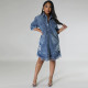 Hole Tassel Short Sleeve Denim Midi Dress GDAM-219006