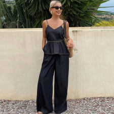 Fashion Denim Sling Two Piece Pants Set GDAM-218959