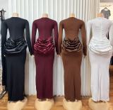 Long Sleeve Ruched Maxi Dress GADE-10232