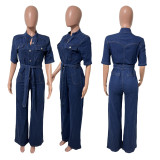 Loose Short Sleeve Denim Belt Jumpsuit LX-3592