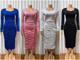 U Neck Long Sleeve Ruched Maxi Dress GMYU-11313