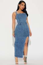 Sleeveless Backless Denim Split Long Dress LX-8612