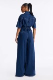 Loose Short Sleeve Denim Belt Jumpsuit LX-3592