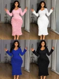 U Neck Long Sleeve Ruched Maxi Dress GMYU-11313