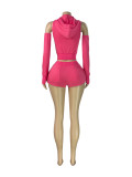 Zipper Solid Color Hooded 3 Piece Shorts Set CH-26028
