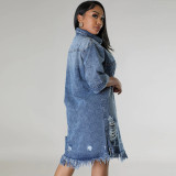 Hole Tassel Short Sleeve Denim Midi Dress GDAM-219006