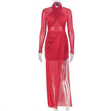 Ruched Solid Color Split Maxi Dress GJYO-JD305350