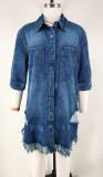 Hole Tassel Short Sleeve Denim Midi Dress GDAM-219006