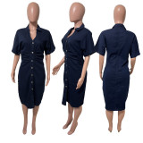 Fashion Denim Single Breasted Button Midi Dress LX-6082