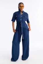 Loose Short Sleeve Denim Belt Jumpsuit LX-3592