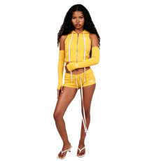 Print Zipper Solid Color Hooded Short Suit FOSF-8865