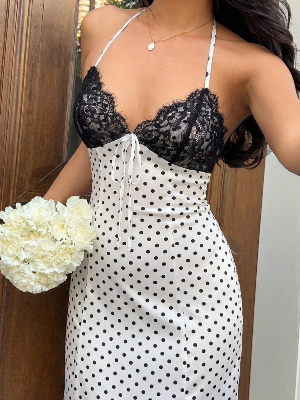 Polka Dot Print Lace Backless Maxi Dress GSRX-923