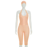 Stripe Halterneck Backless Top Seventh Pants Suit(With Headscarf) MXBF-C26ST206