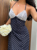 Polka Dot Print Lace Backless Maxi Dress GSRX-923