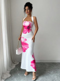 Contrast Color Off Shoulder Print Maxi Dress GSRX-896