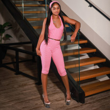 Stripe Halterneck Backless Top Seventh Pants Suit(With Headscarf) MXBF-C26ST206