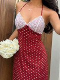 Polka Dot Print Lace Backless Maxi Dress GSRX-923