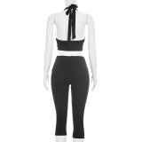 Lace Edge Patchwork Backless 2 Piece Pants Set MXBF-J26ST268