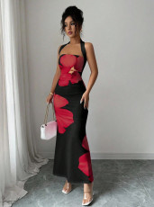 Contrast Color Off Shoulder Print Maxi Dress GSRX-896