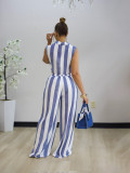 Contrast Color Stripe Sleeveless Shirt Pants Suit SFY-887