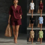 Loose V Neck Solid Color Two Piece Shorts Set GSRX-935