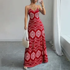 Print Sling V Neck Maxi Dress GSRX-767