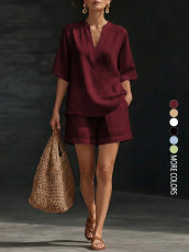 Loose V Neck Solid Color Two Piece Shorts Set GSRX-935